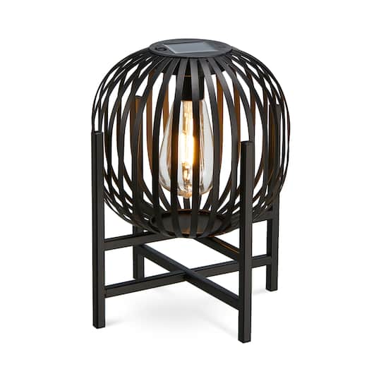 Glitzhome® 11.5" Black Slim Metal Stripes Solar Powered Edison Bulb Outdoor Lantern